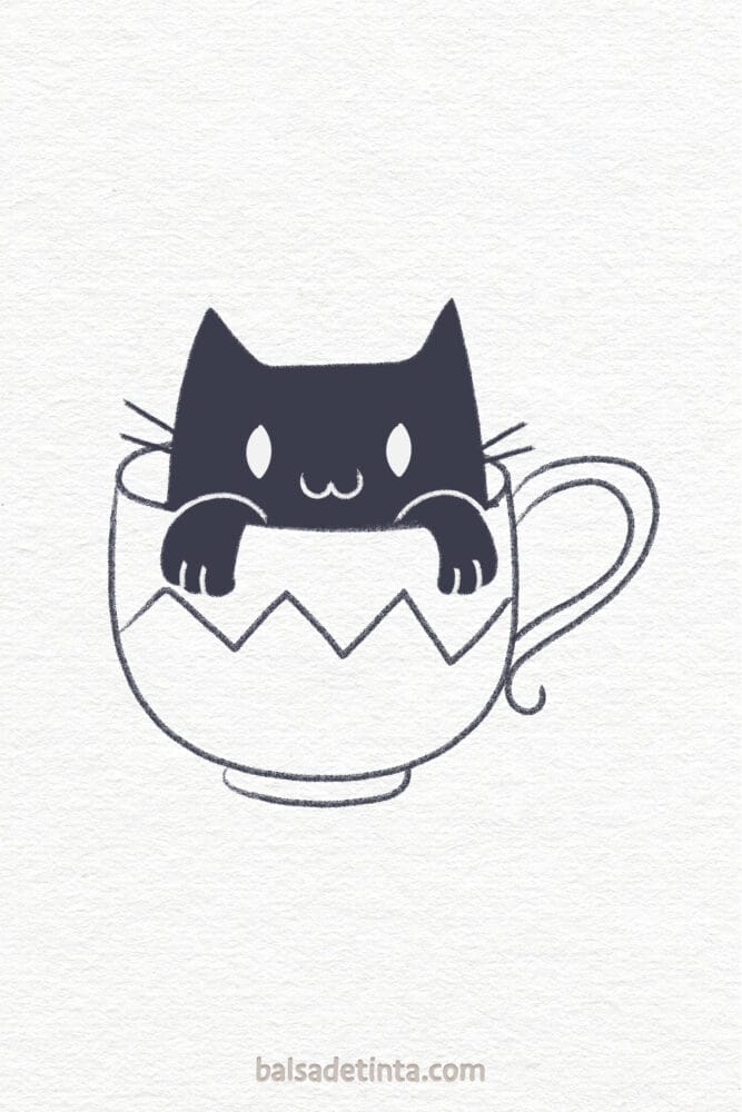 Dibujos kawaii para dibujar - gato en taza