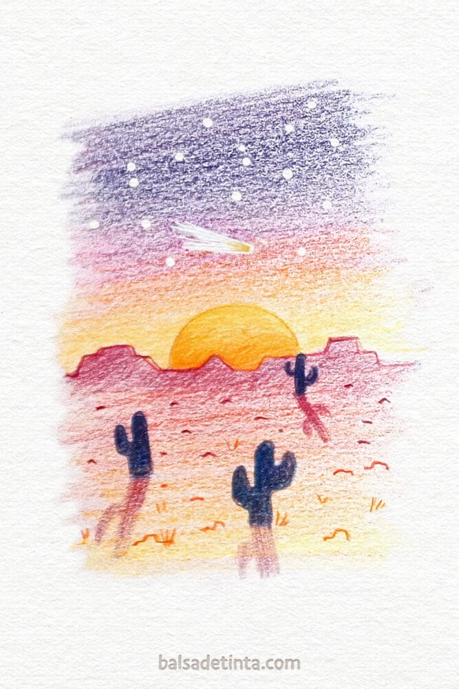 Dibujos a color - Atardecer en el desierto