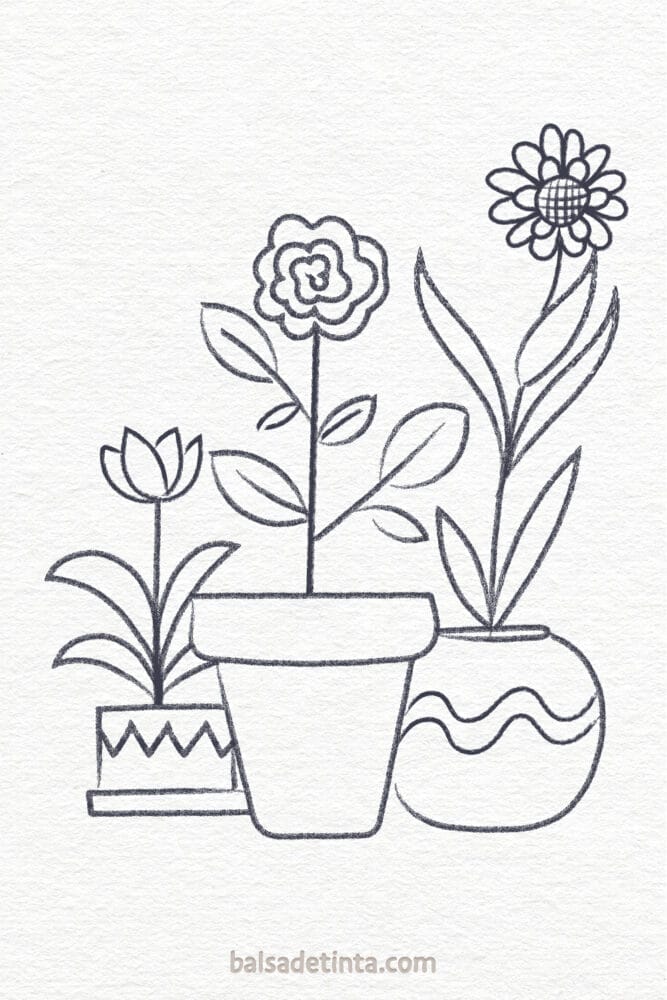 Flower Drawings - Pots with Flowers