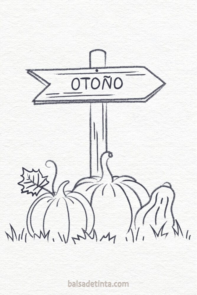 Dibujos de otoño - señal de dirección y calabazas