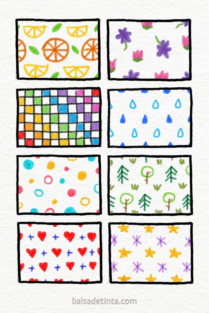 Drawings of colorful textures and patterns