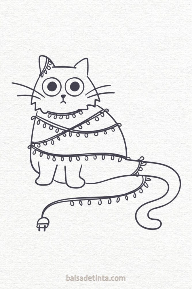 Dibujos de Navidad - Gato enredado en luces Navidad