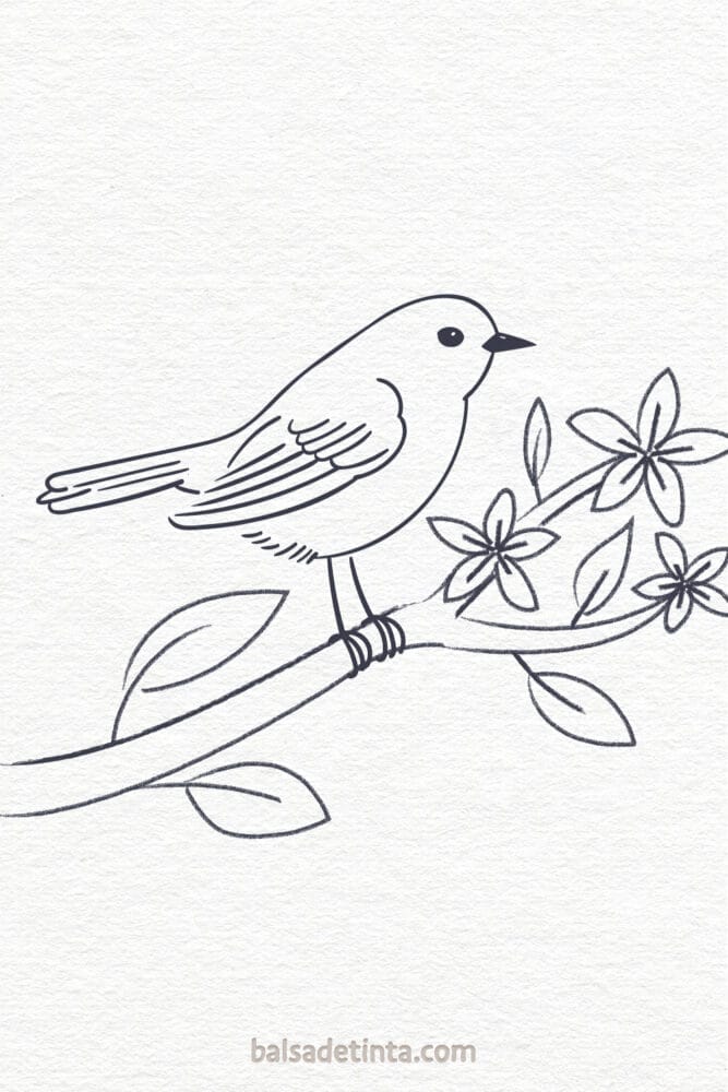 Spring drawing - bird on a flowered branch