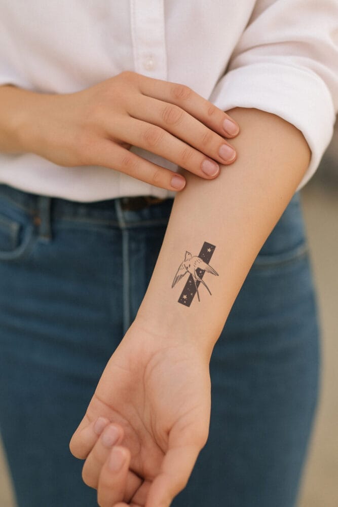 Imagen de tatuaje minimalista de golondrina en la muñeca de una mujer