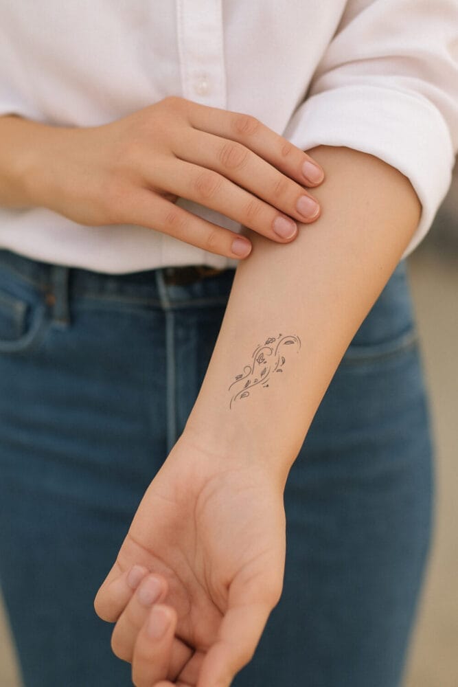 Imagen de tatuaje minimalista de hojas al viento en la muñeca de una mujer