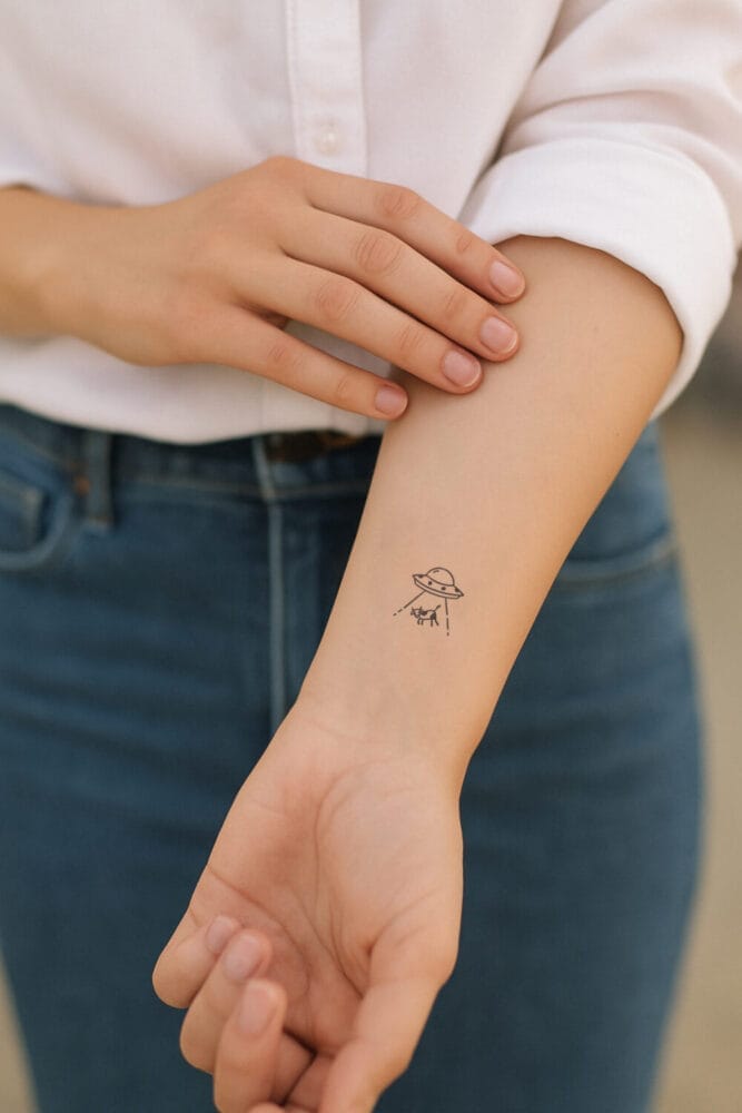 Imagen de tatuaje minimalista de ovni en la muñeca de una mujer